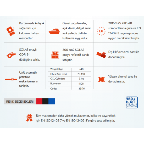 GDR 175 Otomatik Şişme Can Yeleği 150N Yetişkin